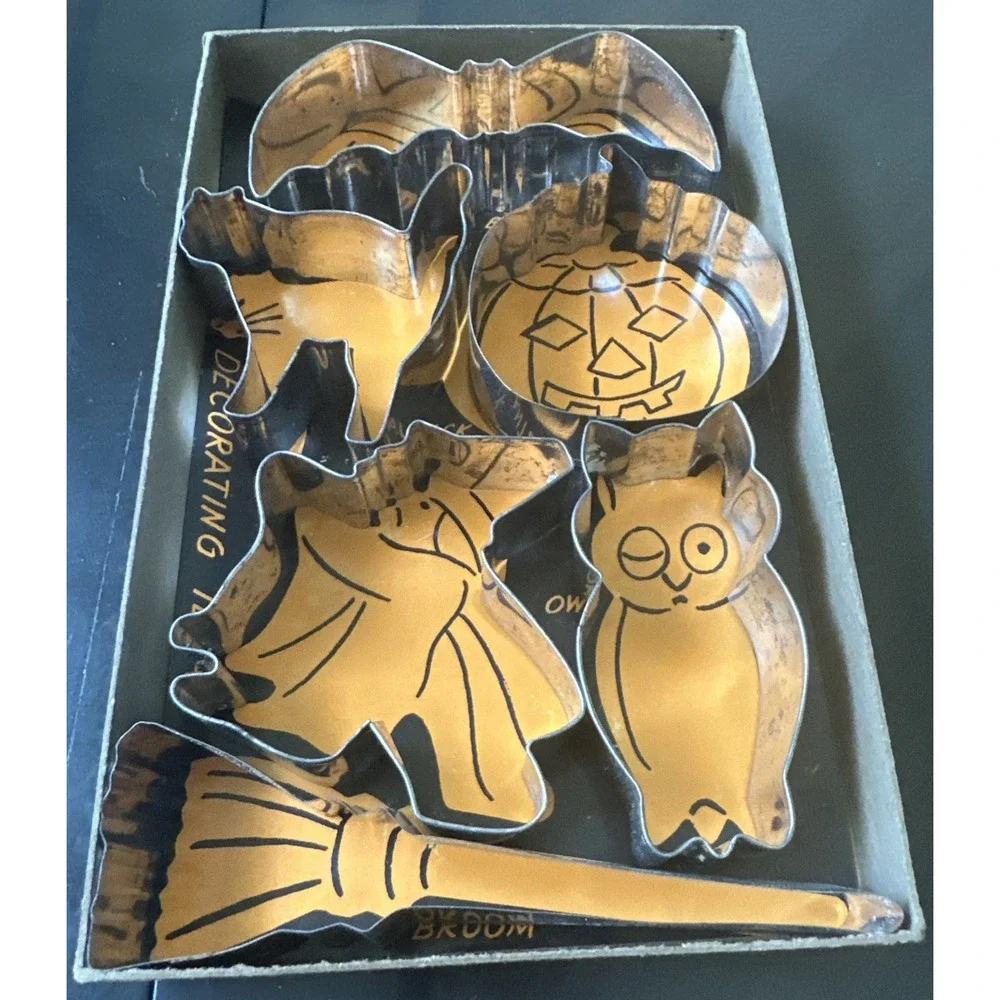 Vintage Trick or Treat Set of 6 Metal Halloween Cooky Cookie Cutters with Box